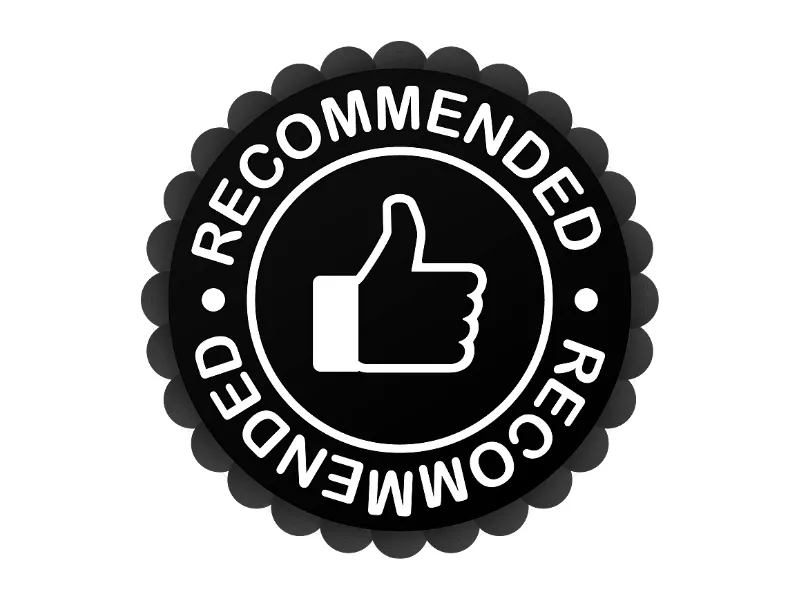 Black and white thumbs up sign that says Recommended