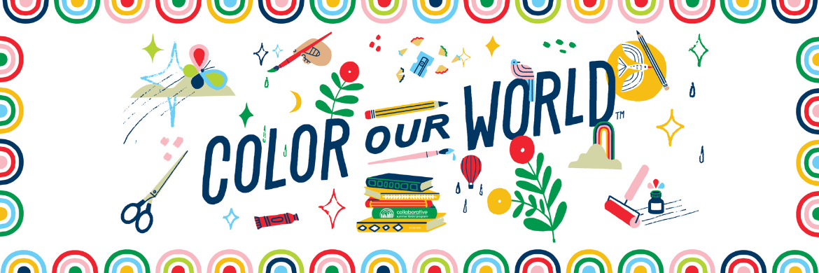 Whimsical illustrations of books, art supplies, and colorful shapes for the 2025 Summer Reading Theme of "Color Our World"