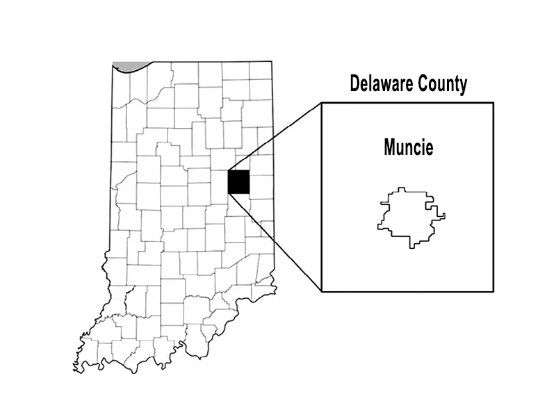Black and white Indiana map with Delaware County highlighted and labelled