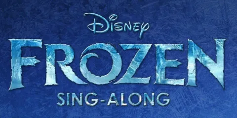  Text on a dark blue background. The text shifts from light blue to white to look like ice. The text reads "Disney Frozen Sing-Along." 
