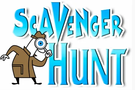 Detective with magnifying glass up to one eye.  Scavenger Hunt title behind him.