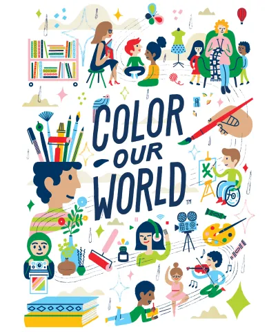 poster with Color Our World and various kids doing art