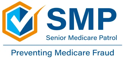 Text on image reads "SMP, Senior Medicare Patrol, Preventing Medicare Fraud" Includes illustration of a checkmark over a hexagon shape..