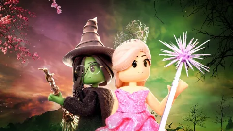 picture of Elphaba and Galinda holding a broom and wand