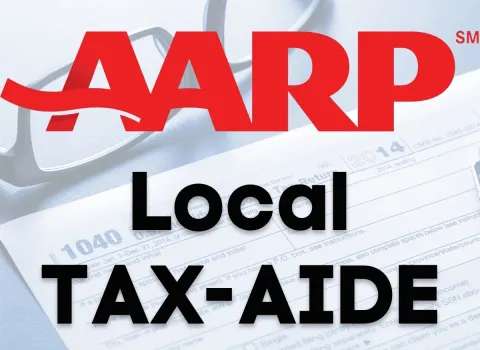 Text "AARP Local Tax-Aide" with faint background image of IRS 1040 form