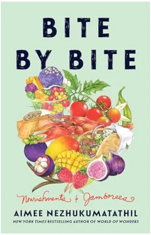 cover of the book Bite by Bite by Aimee Nezhukumatathil.  Light green cove with a drawing of various colorful fruits.