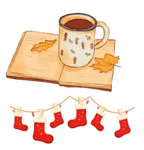Drawings of a cup hot chocolate on top of a book and holiday stockings hung up