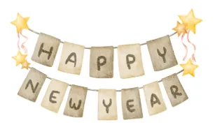 Holiday banner with "Happy New Year" written on it surrounded by gold stars