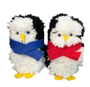 Example of completed pom-pom penguin craft. One has a red scarf, and one has a blue scarf.