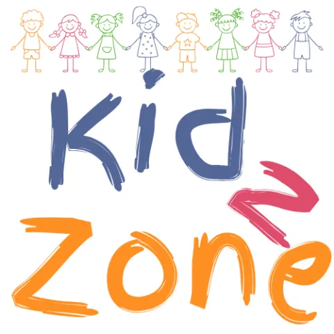 Title Kidz Zone written in finger paint font with the 'z' at the end of kidz hanging off. Above are drawings of children holding hands.