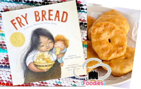 Fry Bread Book with pic of real fry bread and Library Foodie Logo