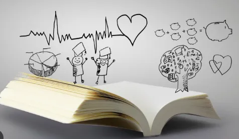 journal with blank pages open to the middles with sketched images of trees and graduates and hearts and pigs 