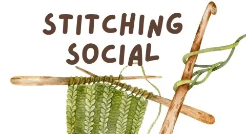 The Stitching Social's logo which includes two knitting needles and green yarn.