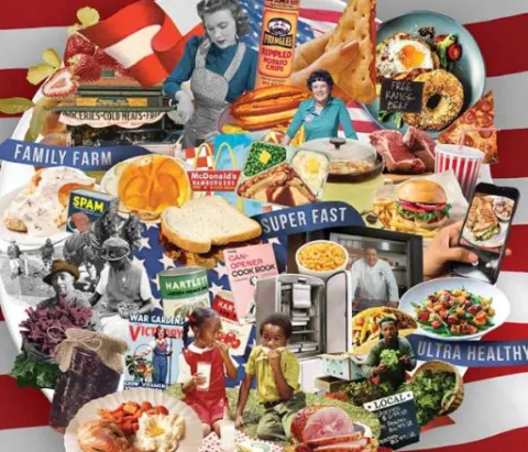 collage of various food brands and types of food representing 250 years of food in America