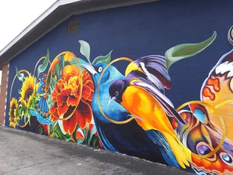 Photo of the vibrant mural on the Friends Building.