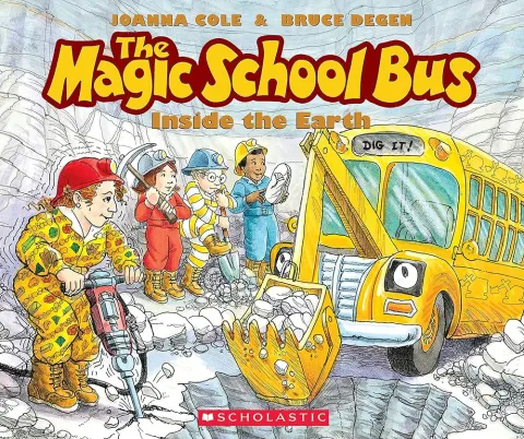 book cover Magic School Bus Inside the Earth teacher with children and bus digging