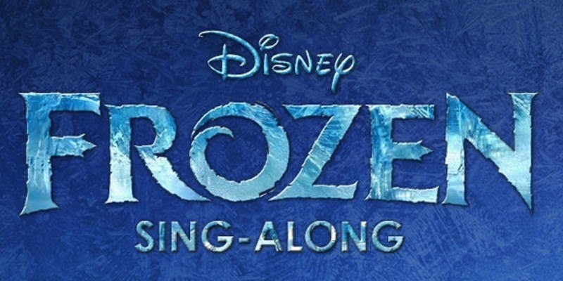  Text on a dark blue background. The text shifts from light blue to white to look like ice. The text reads "Disney Frozen Sing-Along." 