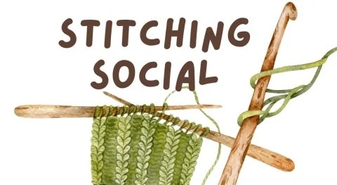 Stitching Social Logo with knitting needles and green yarn