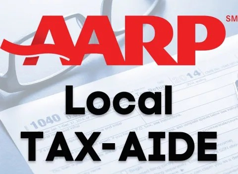 Text "AARP Local Tax-Aide" with faint background image of IRS 1040 form