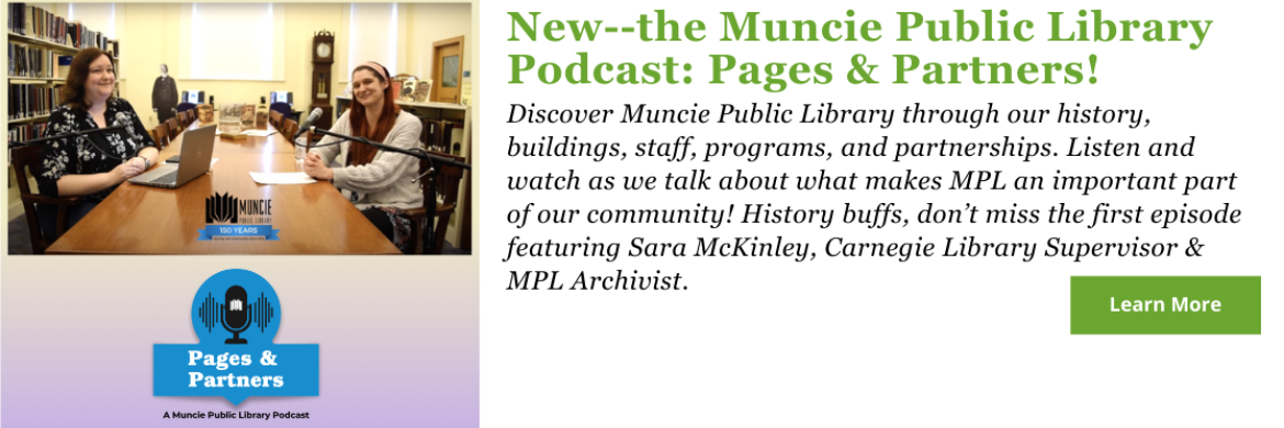 Image of two people with microphones at Carnegie Library discussing the history of Muncie Public Library. 