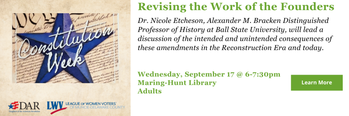 Patriotic art with details for Lecture on Wednesday, September 17 at 6 pm at Maring-Hunt Library