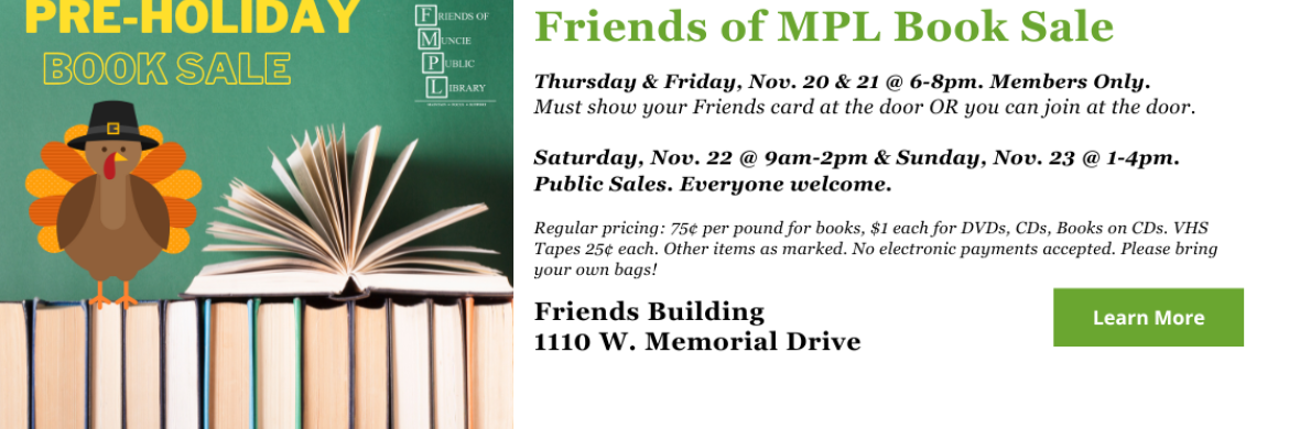 Turkey image with Friends Book Sale details for November 20 & 21 (6-8 pm) for Friends members and November 22 (9 am- 2 pm) and November 23 (1-4 pm)